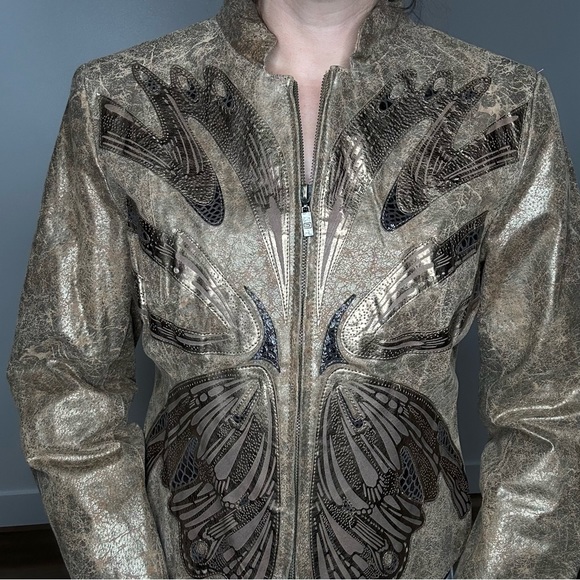Pamela McCoy Leather Gold Butterfly Fall Jacket M - Picture 2 of 12
